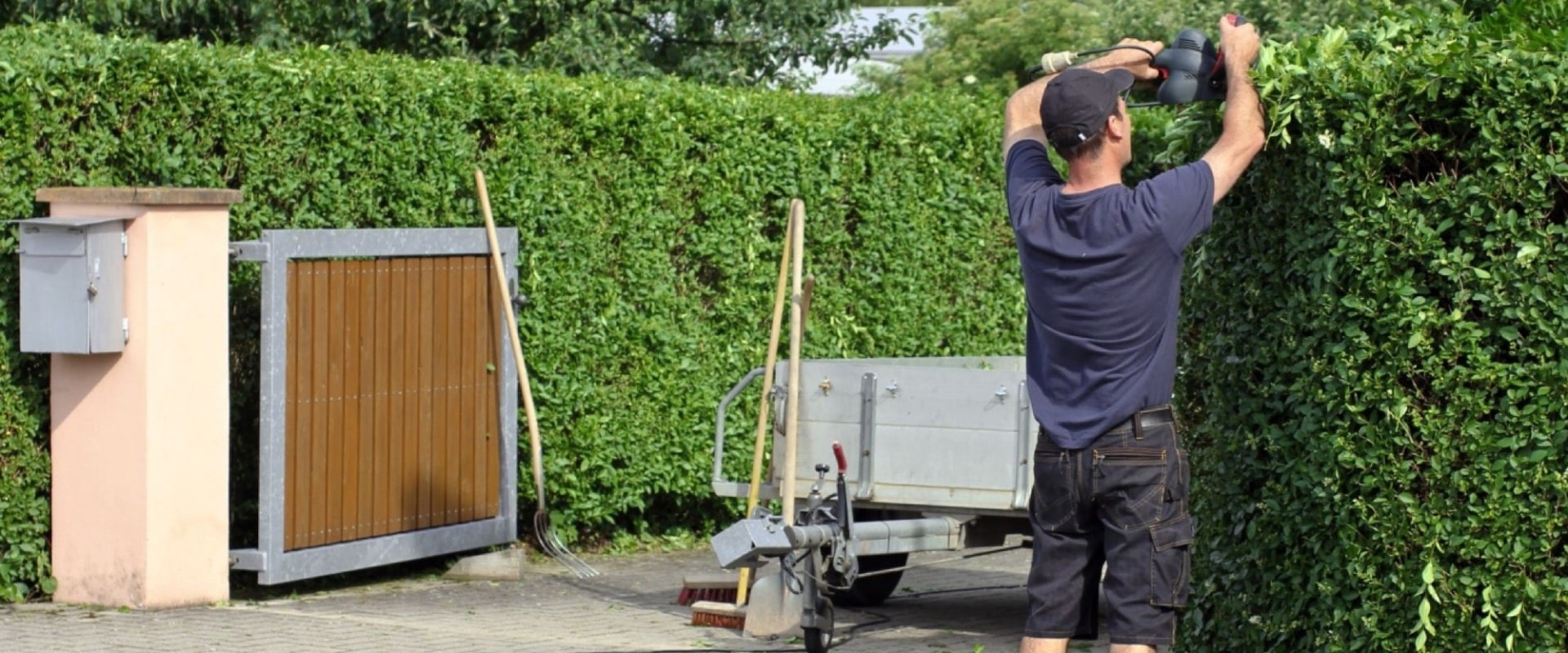A man trimming a tall hedge with an electric hedge trimmer, with a small trailer, a rake and a broom on the driveway behind him